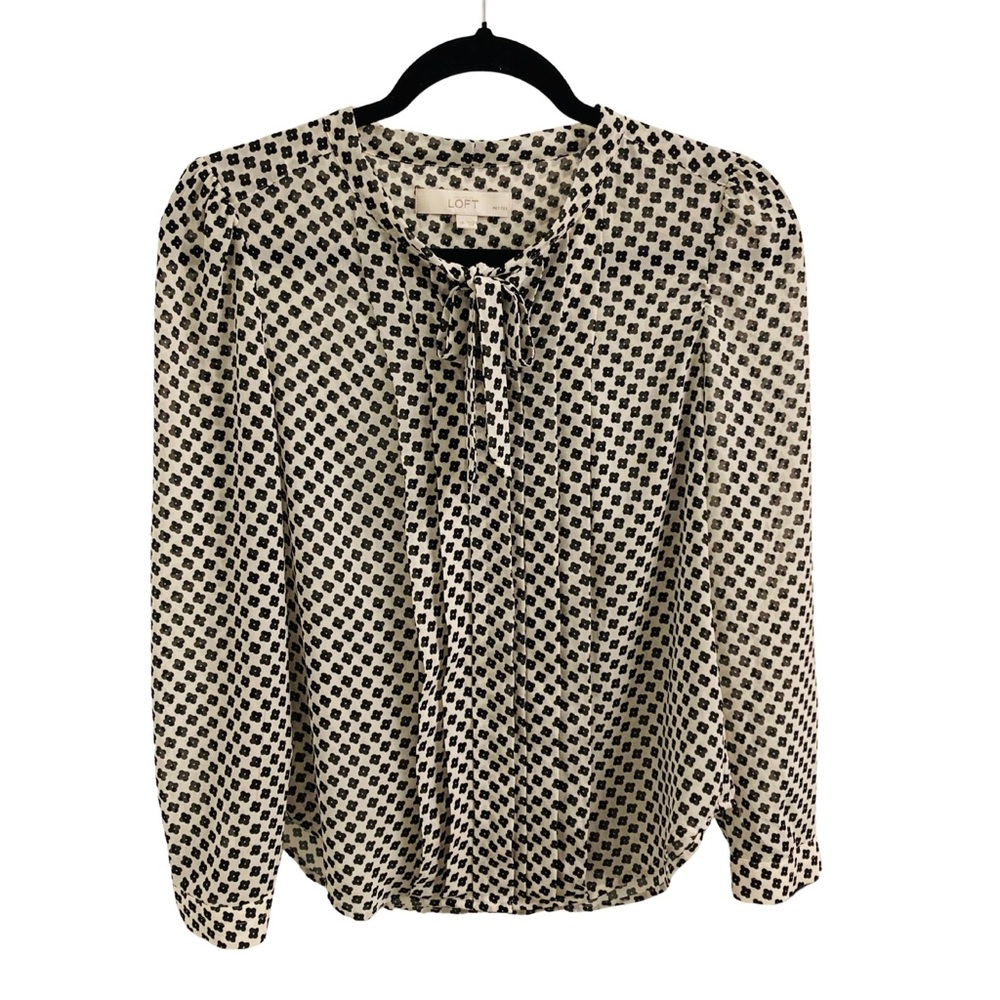Loft Ivory & Black Sheer Flower Pleated Tie Blouse Size SP